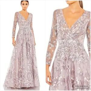 MAC DUGGAL 20402 EMBELLISHED WRAP OVER ILLUSIONS LONG SLEEVE  LILAC GOWN‎